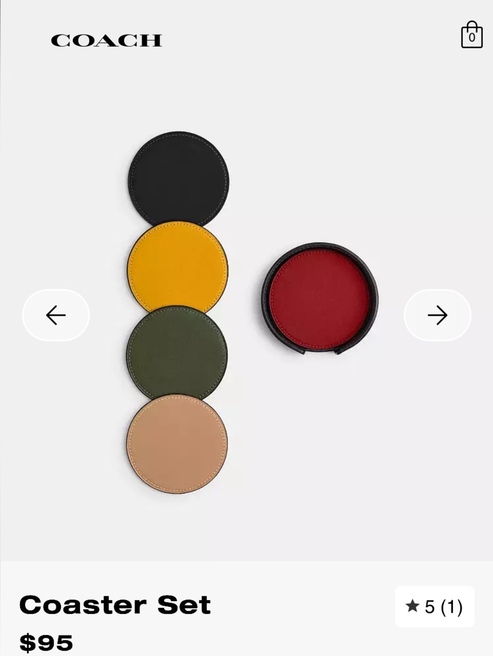 COACH Round Leather Coaster Set — Black, Yellow, Green, Tan, Red